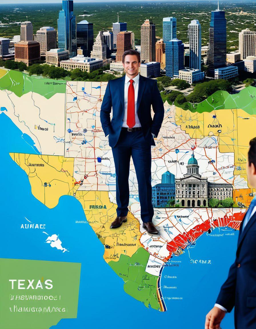 A detailed map of Texas with various insurance icons representing different plans, rates, and local agents scattered across the state. Include an expert in business attire pointing towards the map, showcasing their expertise. In the background, depict Texas landmarks to emphasize the local aspect. Use warm colors to create an inviting atmosphere. super-realistic. vibrant colors.