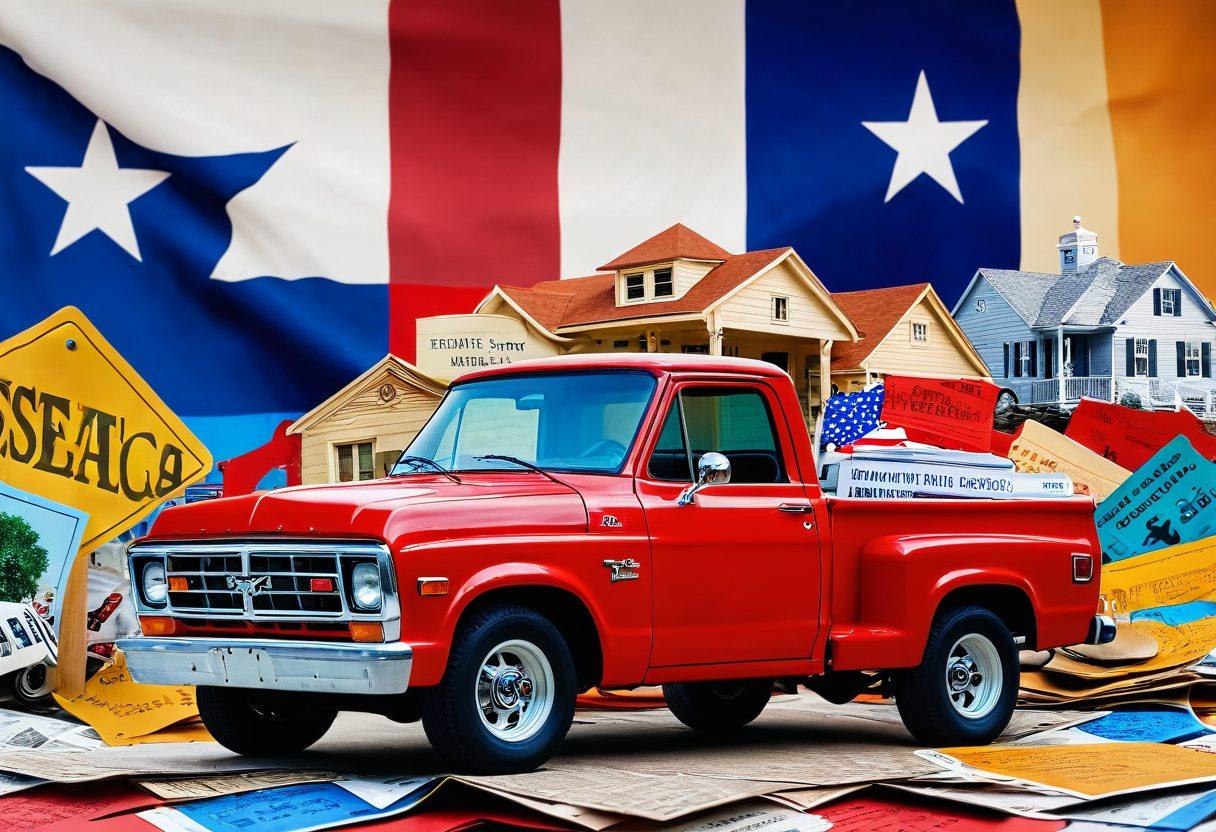 A vibrant collage featuring symbols of Texas insurance: a Texas flag waving in the background, a classic pickup truck representing auto coverage, a cozy home symbolizing homeowners insurance, and a stethoscope for health insurance. Include pricing tags with attractive deals scattered around. The composition should evoke a sense of trust and security, with bright, inviting colors. super-realistic. vibrant colors.