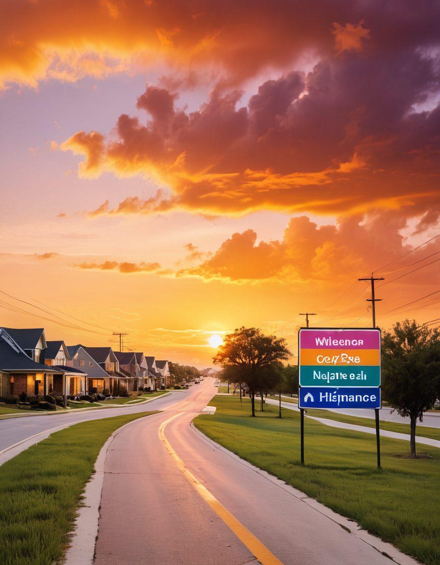 An open road represented by a Texas highway sign leading to various homes, symbolizing diverse insurance options. Include icons representing different insurance types like health, auto, and home floating around the road. In the background, a sunset casts warm colors over the landscape, evoking a sense of hope and affordability. Super-realistic. vibrant colors. white background.